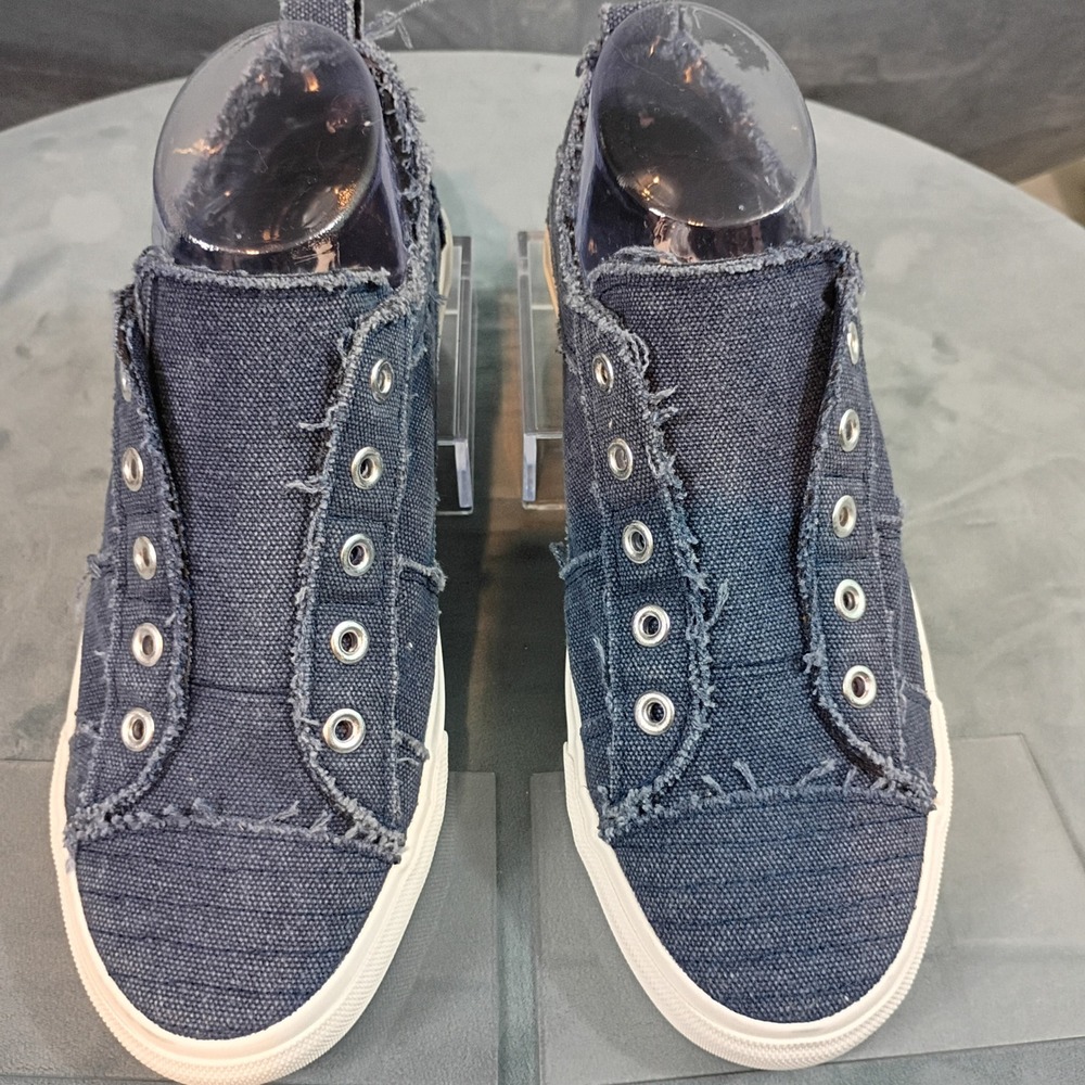 Corkys Babalu Women 8 Blue Denim Frayed Canvas SlipOn Sneaker Laceless Pink Sole